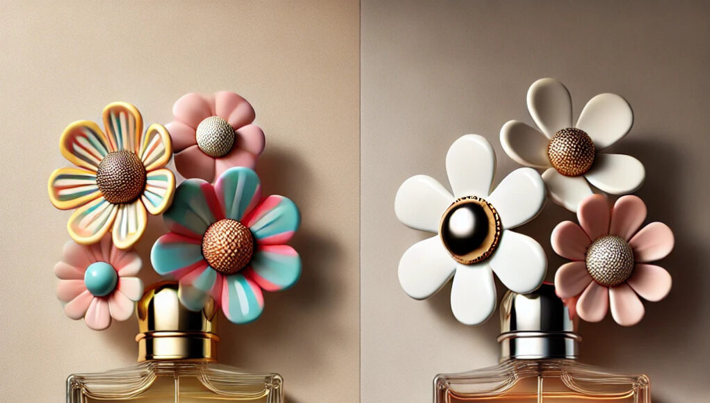 Marc Jacobs Perfect vs. Daisy perfume bottles side by side